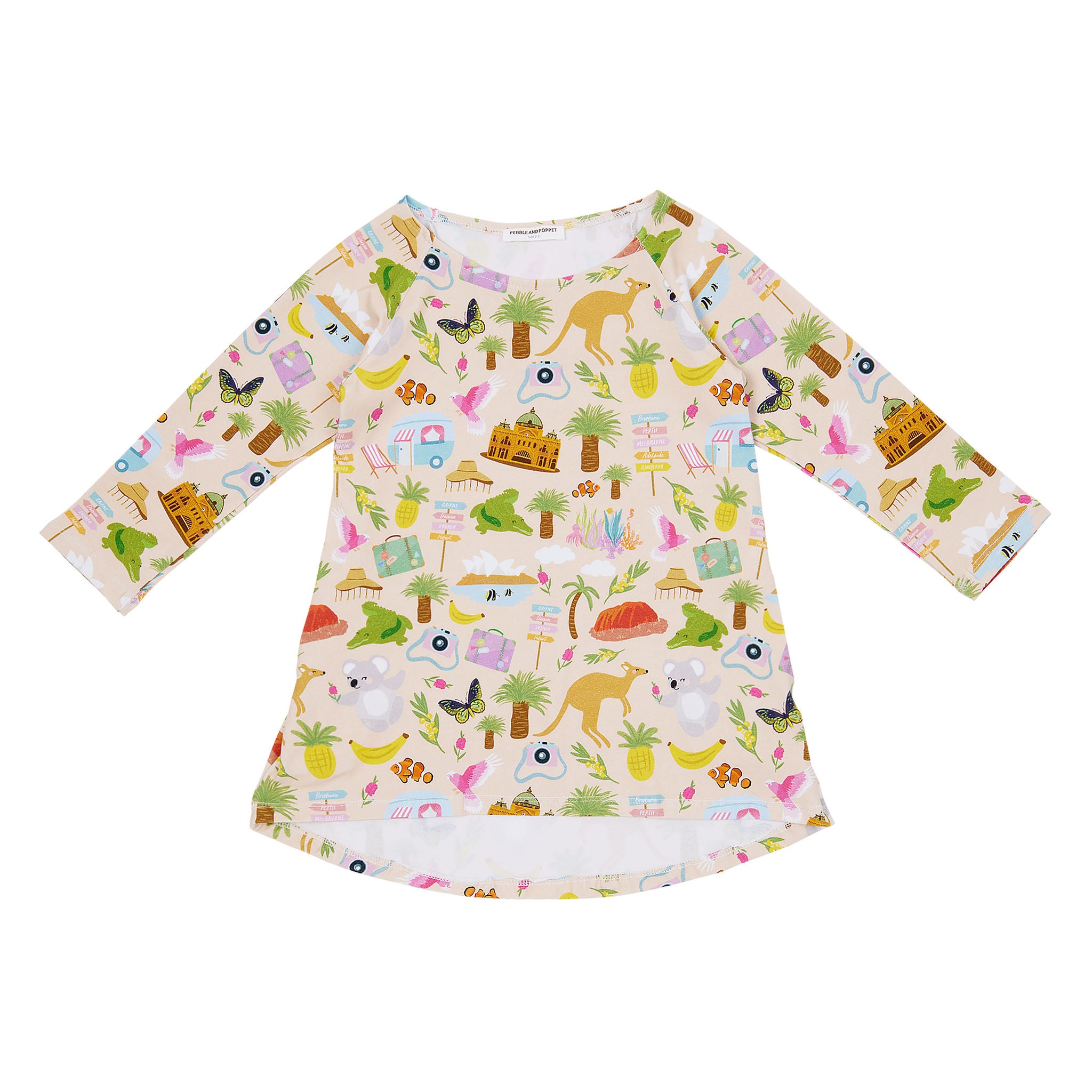 Aussie Road Trip organic cotton girls dress featuring Australian landmarks, koalas, kangaroos, caravans, palm trees and road trip illustrations on a soft blush background.