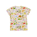 Aussie Road Trip organic cotton kids t-shirt featuring kangaroos, koalas, caravans and Australian travel illustrations on a soft beige background