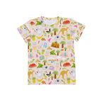 Aussie Road Trip organic cotton kids t-shirt featuring kangaroos, koalas, caravans and Australian travel illustrations on a soft beige background