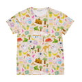 Aussie Road Trip women’s t-shirt featuring whimsical Australian travel illustrations including kangaroos, koalas, caravans and tropical holiday icons on a soft beige background.