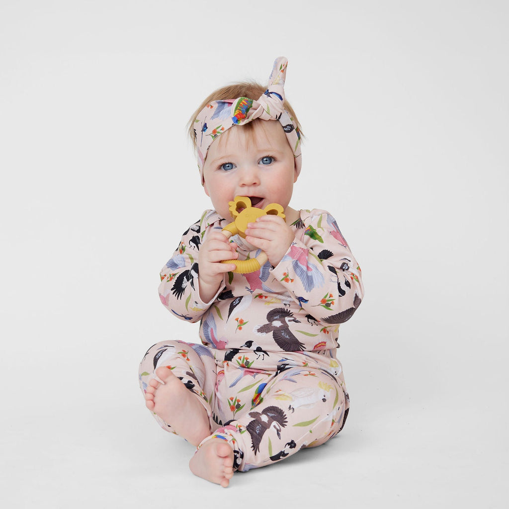 Australian made cotton lycra baby headband designed to match the Backyard Birds collection