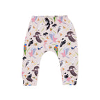 Backyard Birds baby pants featuring Australian native bird illustrations including cockatoos, galahs, magpies and lorikeets on a soft blush pink background by Pebble and Poppet.