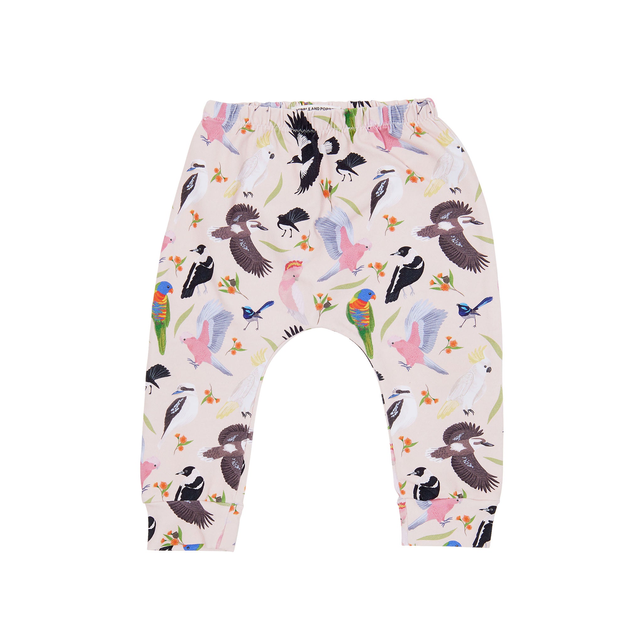 Backyard Birds baby pants featuring Australian native bird illustrations including cockatoos, galahs, magpies and lorikeets on a soft blush pink background by Pebble and Poppet.