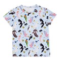 Backyard Birds women’s t-shirt featuring colourful Australian native bird illustrations including galahs, cockatoos, magpies and rainbow lorikeets on a soft blue background