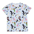 Backyard Birds women’s t-shirt featuring colourful Australian native bird illustrations including galahs, cockatoos, magpies and rainbow lorikeets on a soft blue background