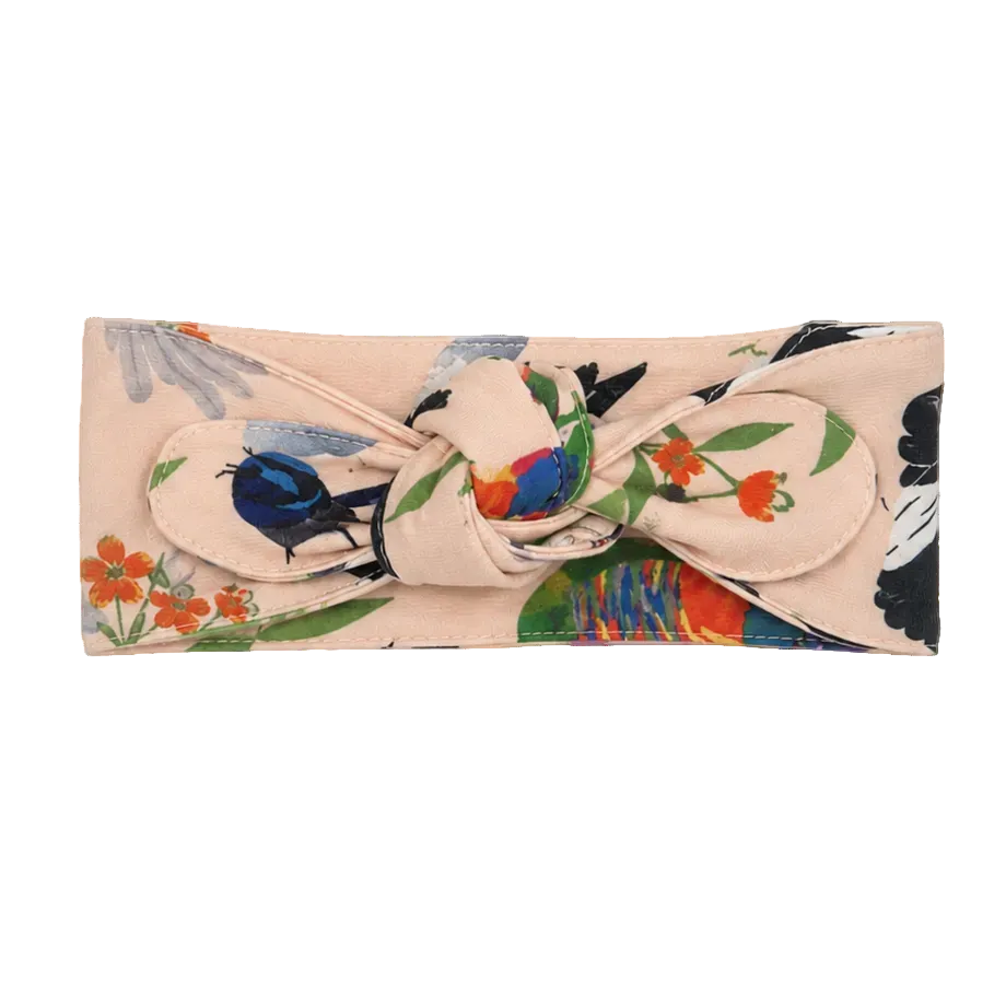 Backyard Birds baby headband by Pebble and Poppet featuring Australian native birds and wildflowers on soft organic cotton, Australian made