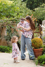 Mother and young girl wearing matching Backyard Birds Australian bird print outfits by Pebble and Poppet