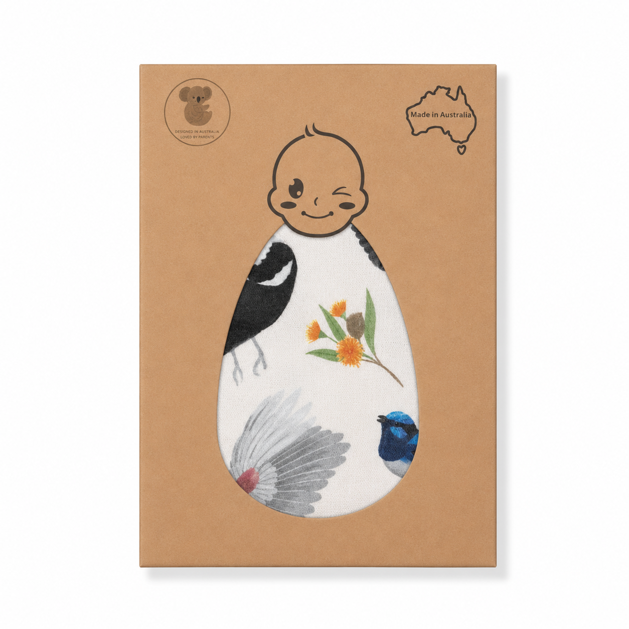 Pebble and Poppet Backyard Birds organic bamboo swaddle presented in gift box featuring Australian native bird artwork by Christie Williams