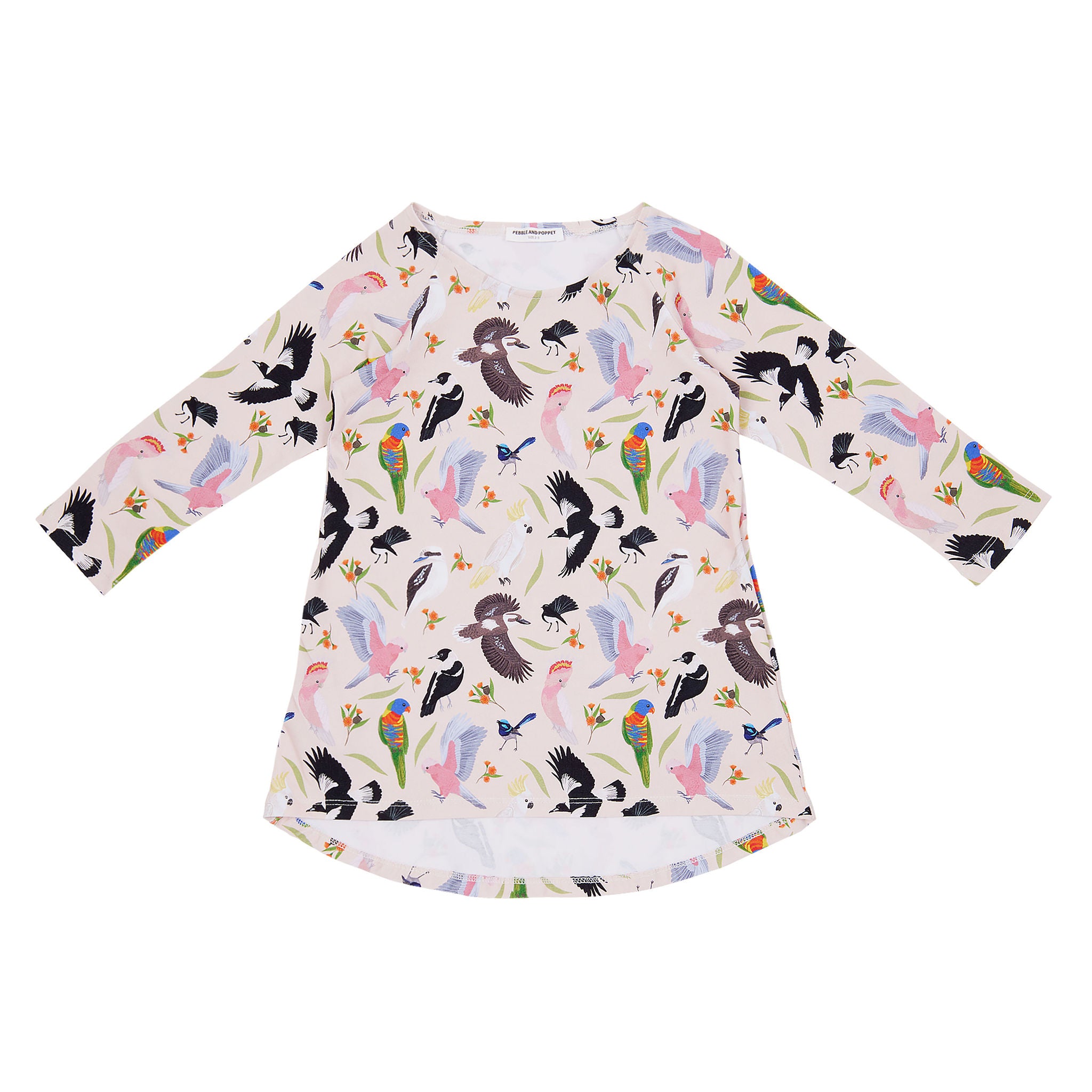 Backyard Birds organic cotton girls dress featuring colourful Australian native birds including rosellas, cockatoos, magpies and wrens with native florals on a soft blush pink background.