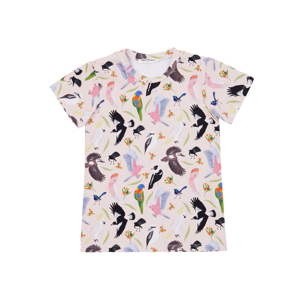 Backyard Birds organic cotton kids t-shirt featuring colourful Australian native birds and botanical illustrations on a soft blush background.