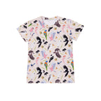 Backyard Birds organic cotton kids t-shirt featuring colourful Australian native birds and botanical illustrations on a soft blush background.