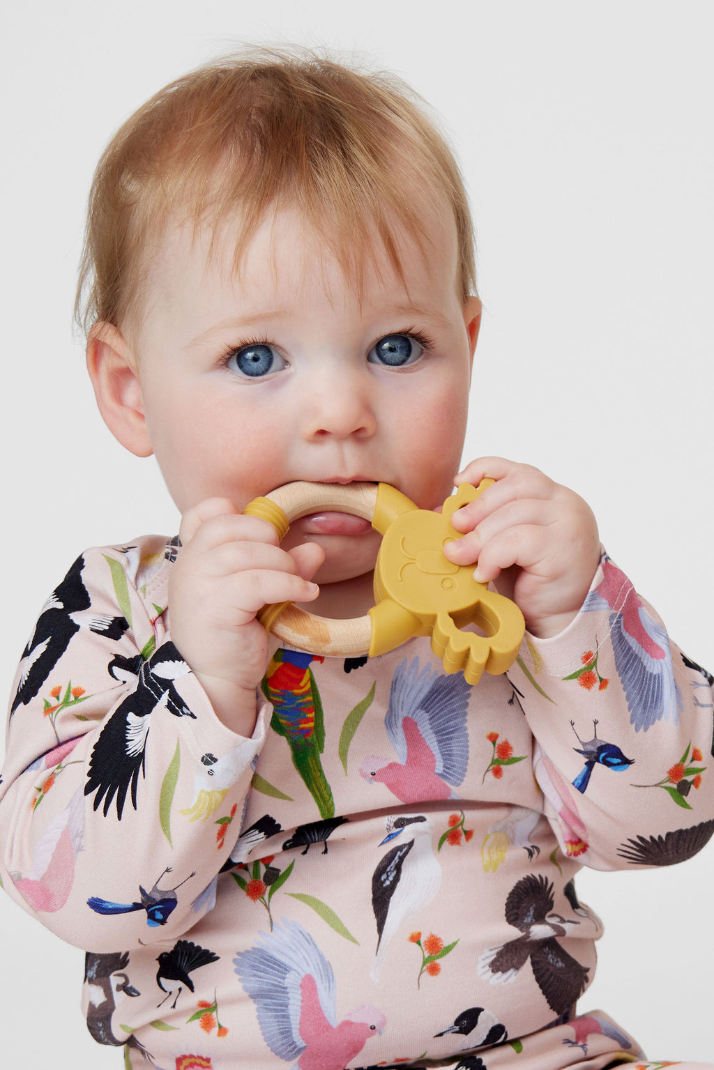 Close up of baby wearing Backyard Birds Australian native bird print romper