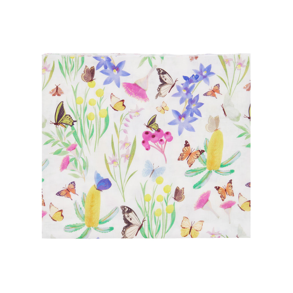Butterfly Flora bamboo swaddle by Pebble and Poppet featuring Australian wildflowers, butterflies and native botanicals on ultra-soft bamboo fabric