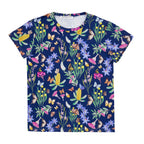 Butterfly Flora midnight women’s t-shirt with vibrant butterflies and Australian wildflowers illustrated on a deep navy background.