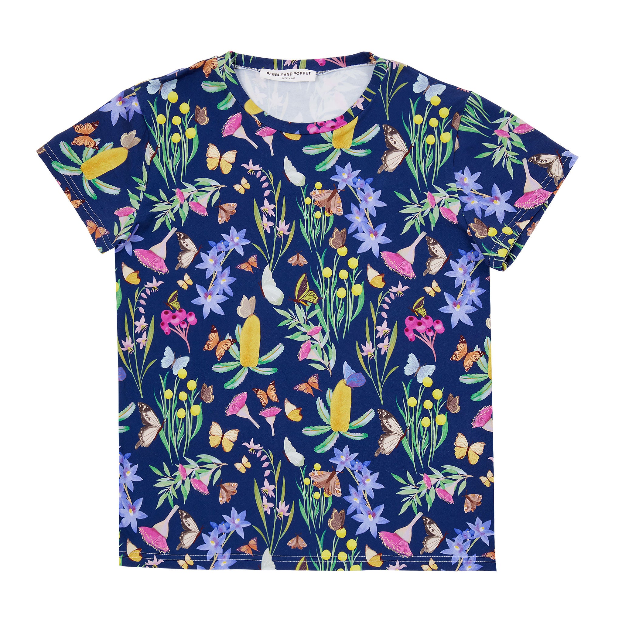 Butterfly Flora midnight women’s t-shirt with vibrant butterflies and Australian wildflowers illustrated on a deep navy background.