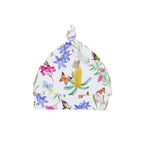 Butterfly Flora organic cotton baby beanie featuring delicate butterflies, Australian wildflowers, banksias and botanical illustrations on a soft white background. Perfect newborn knot beanie made from soft organic cotton.