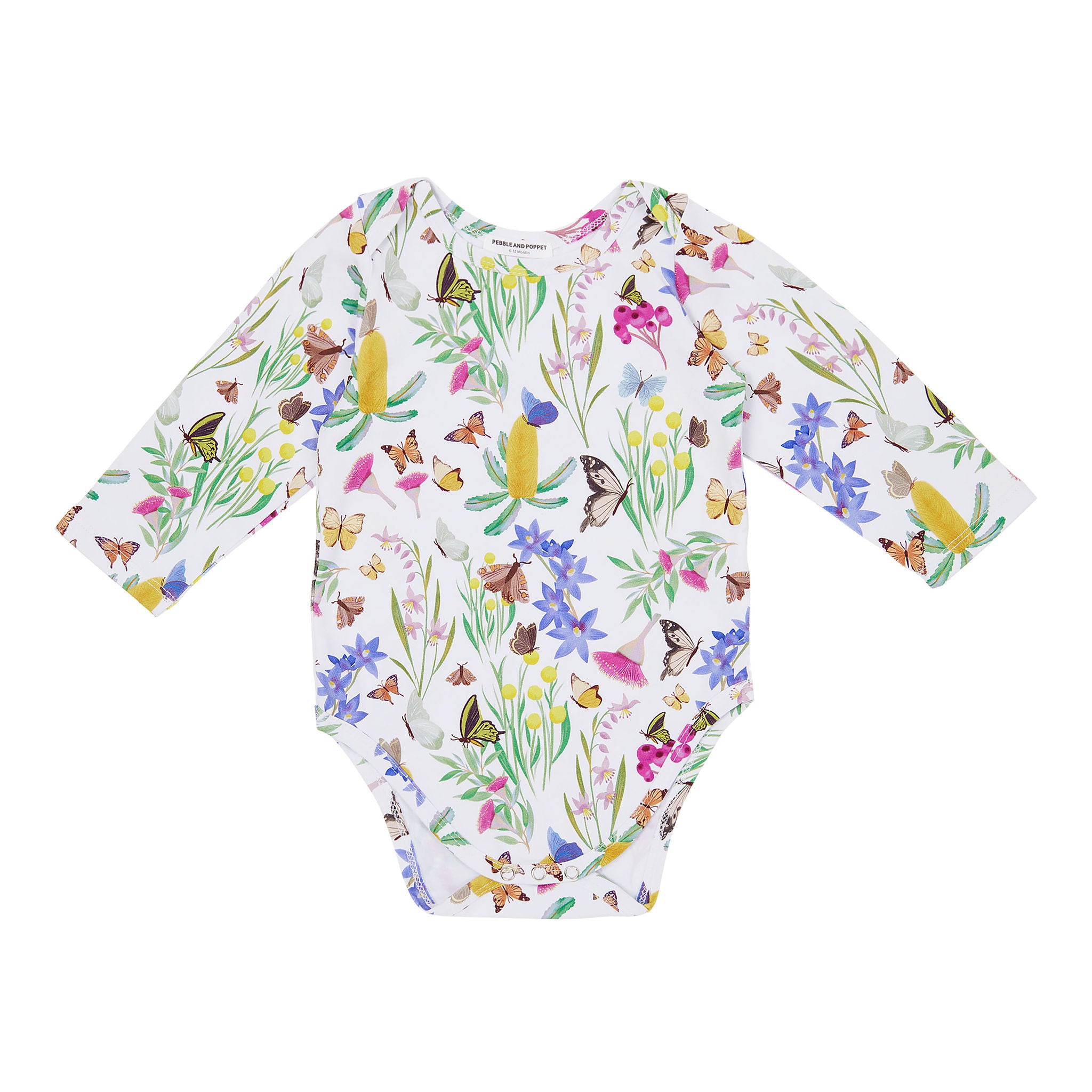 Butterfly Flora organic cotton baby romper featuring butterflies, Australian wildflowers, banksias and botanical illustrations on a soft white background.