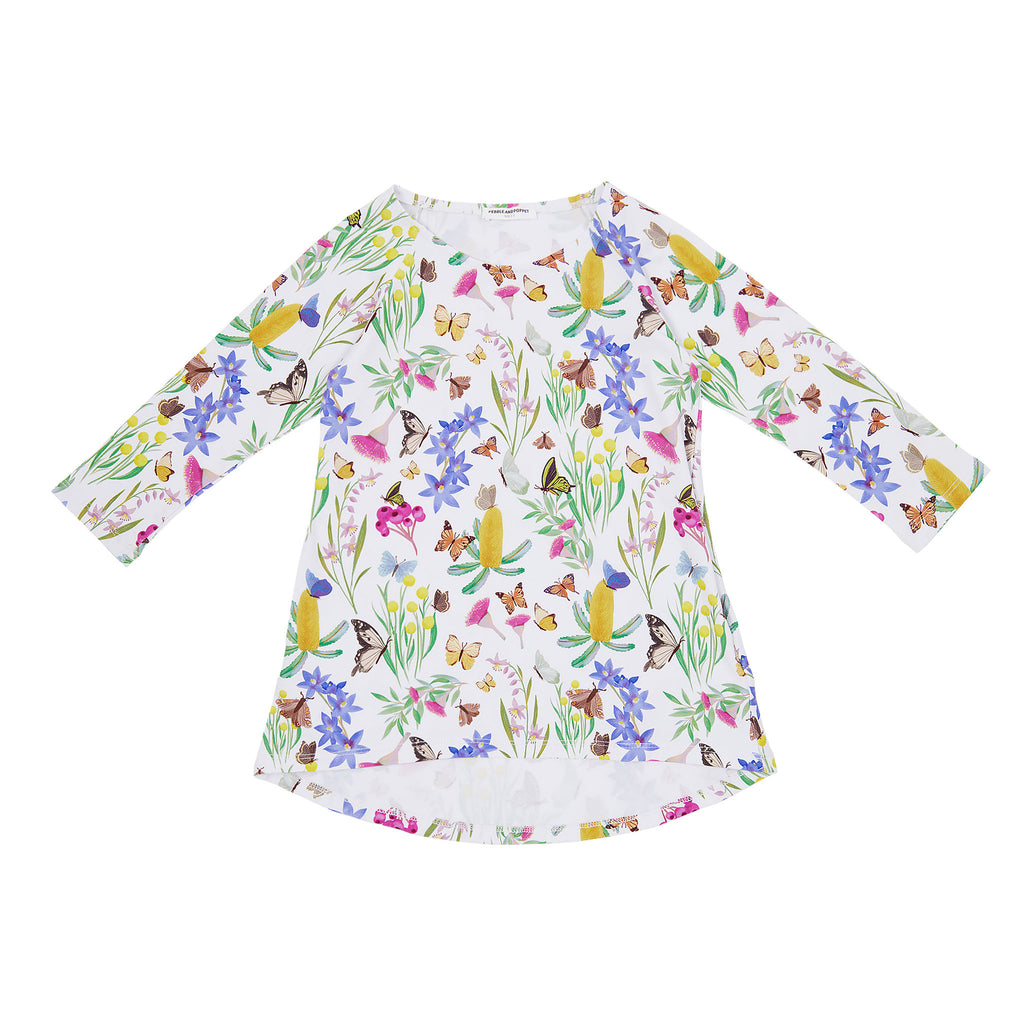 Butterfly Flora organic cotton girls dress featuring butterflies, Australian wildflowers, banksias and botanical illustrations on a soft white background