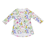 Butterfly Flora organic cotton girls dress featuring butterflies, Australian wildflowers, banksias and botanical illustrations on a soft white background