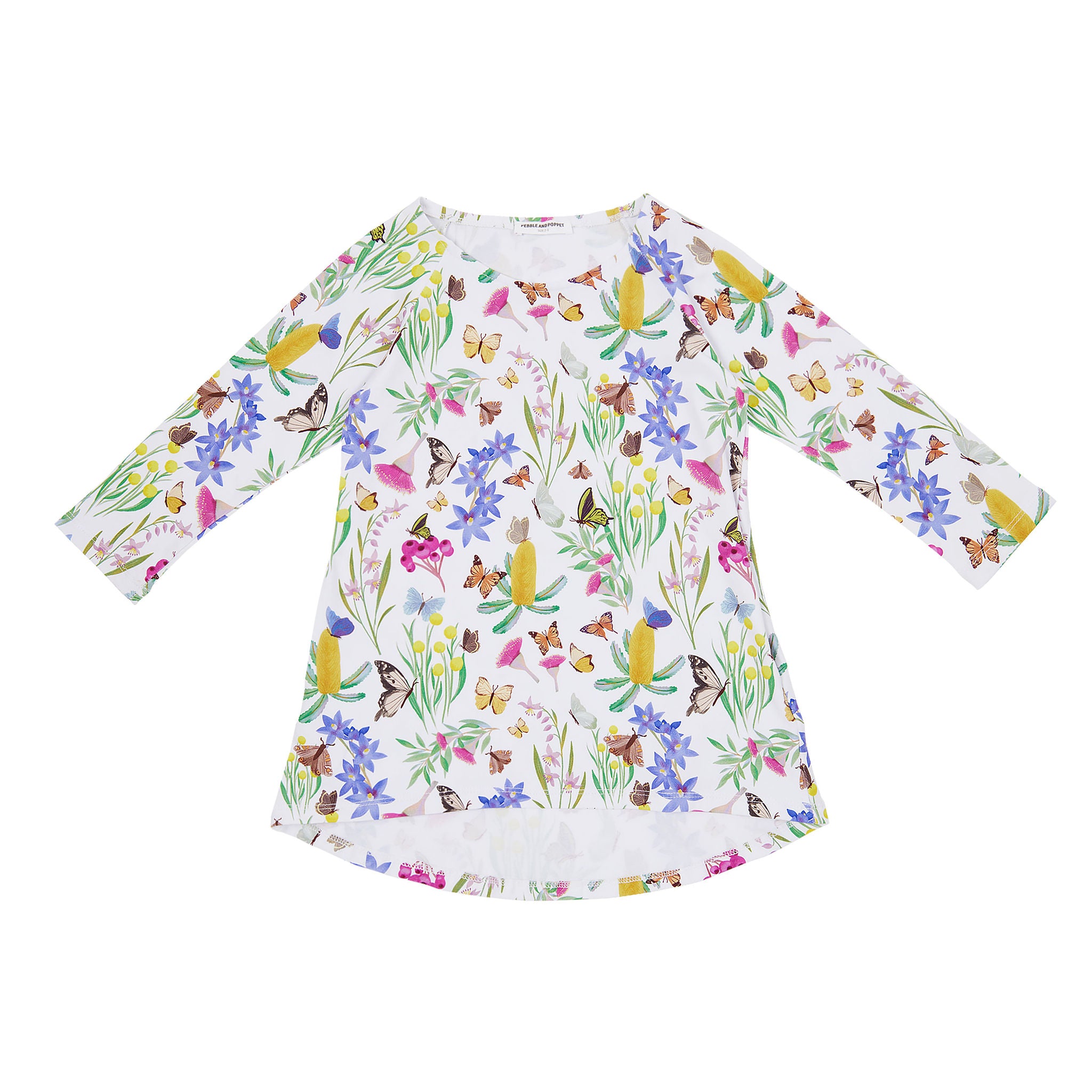 Butterfly Flora organic cotton girls dress featuring butterflies, Australian wildflowers, banksias and botanical illustrations on a soft white background