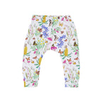 Butterfly Flora organic cotton kids pants featuring whimsical butterflies, Australian wildflowers and botanical illustrations on a soft white background