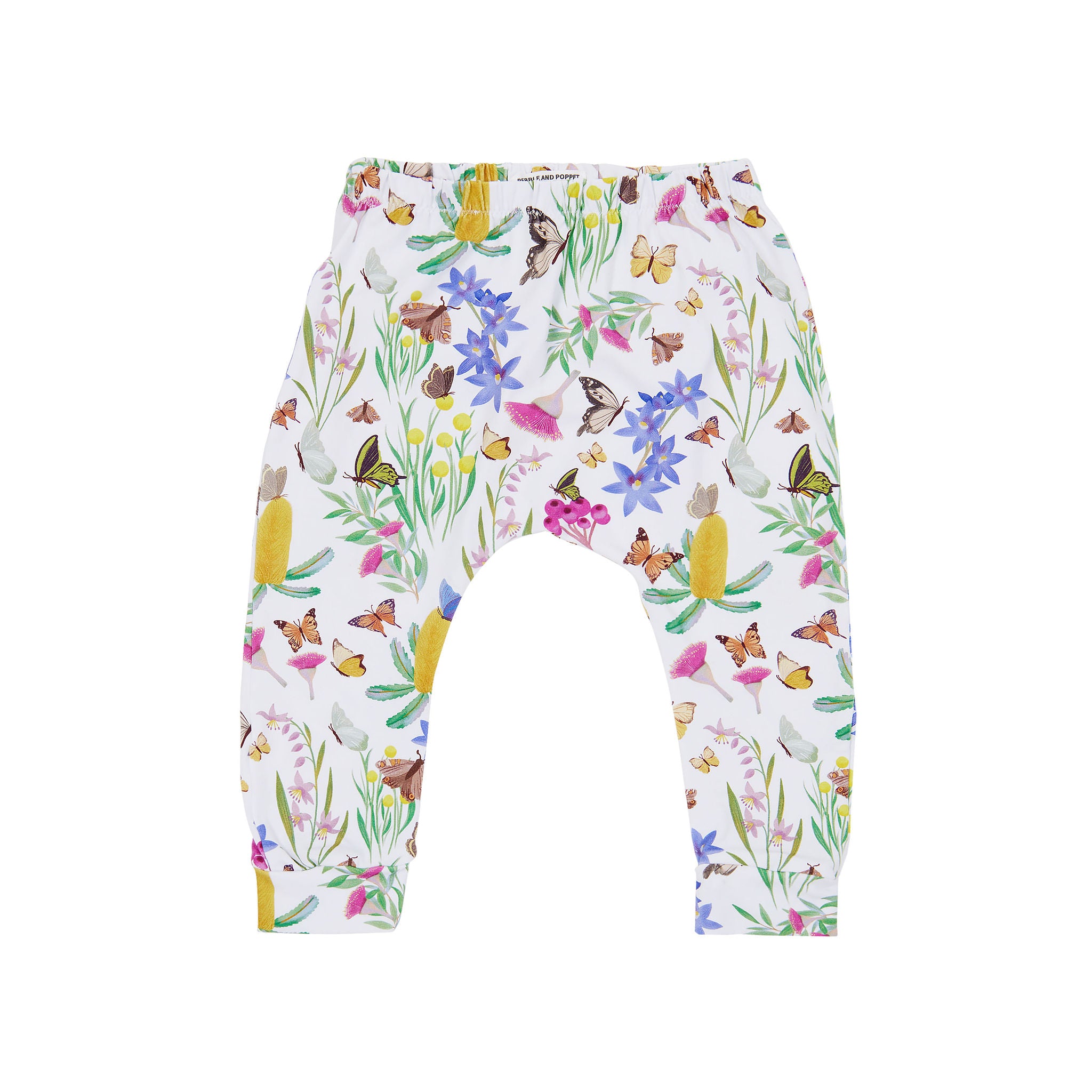 Butterfly Flora organic cotton kids pants featuring whimsical butterflies, Australian wildflowers and botanical illustrations on a soft white background