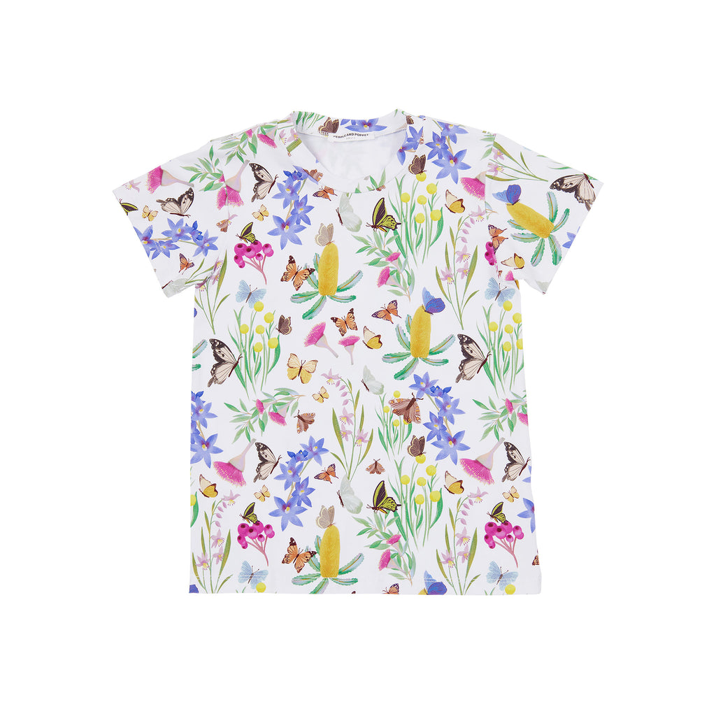 Butterfly Flora organic cotton kids t-shirt with hand-illustrated butterflies, Australian wildflowers and native botanical artwork on a white background.