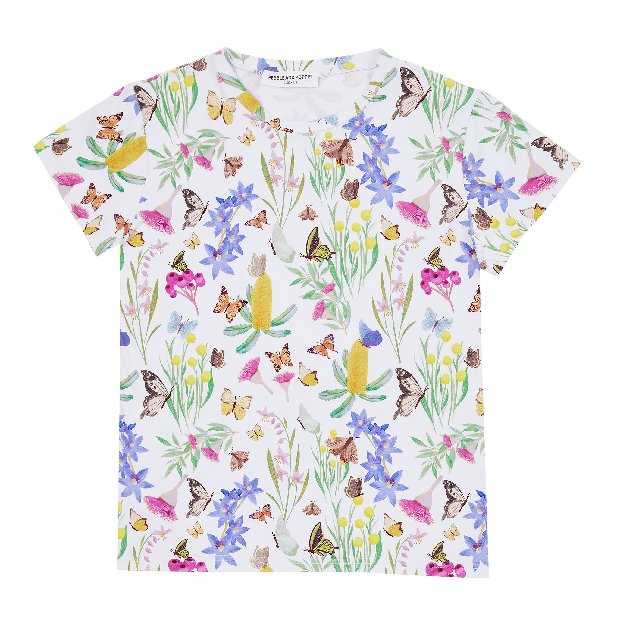 Butterfly Flora white women’s t-shirt featuring hand-illustrated butterflies, Australian wildflowers and botanical artwork on a crisp white background