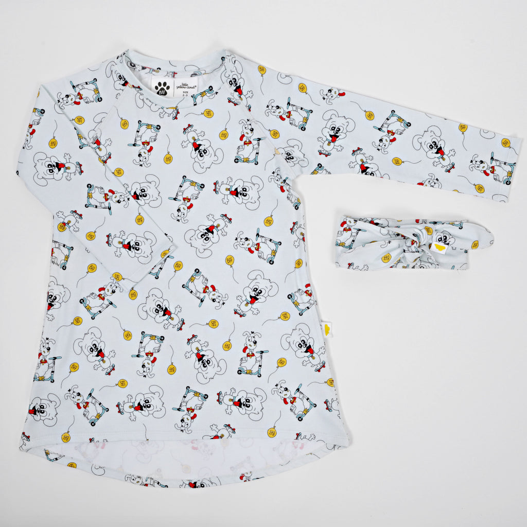 Girls long sleeve organic cotton puppy print dress in soft blue with playful illustrated puppy design