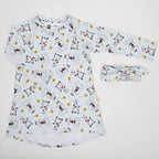 Girls long sleeve organic cotton puppy print dress in soft blue with playful illustrated puppy design