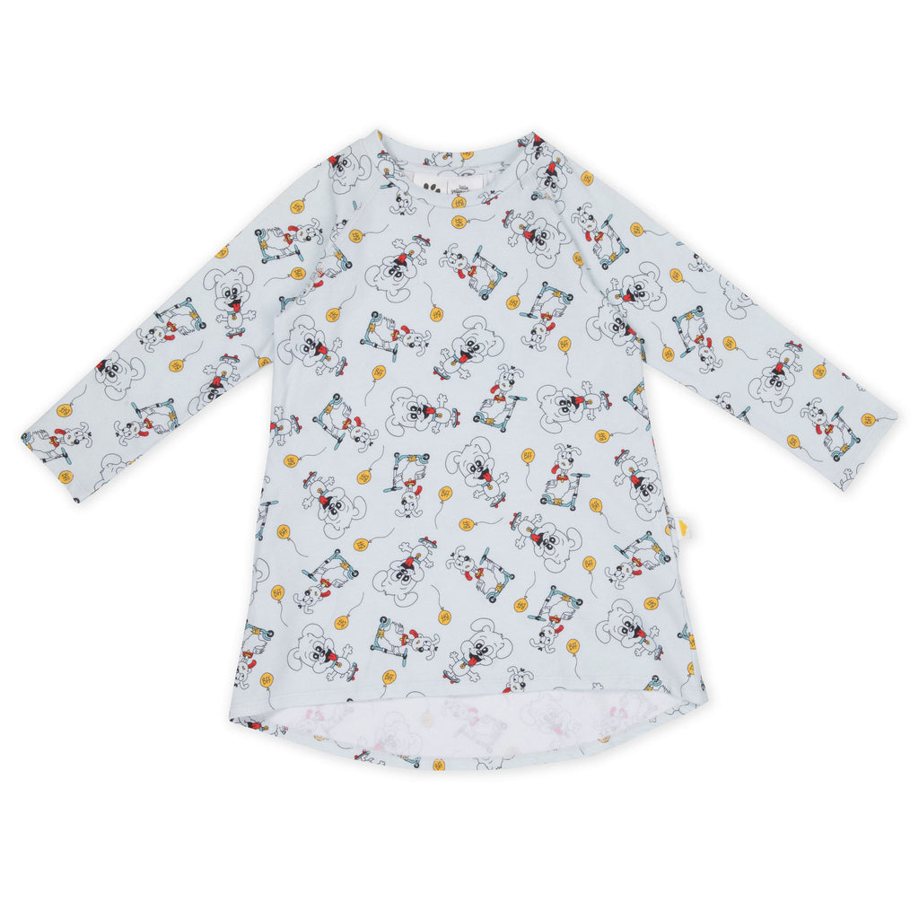 Girls long sleeve organic cotton dress with playful puppy print on soft blue fabric