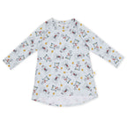 Girls long sleeve organic cotton dress with playful puppy print on soft blue fabric