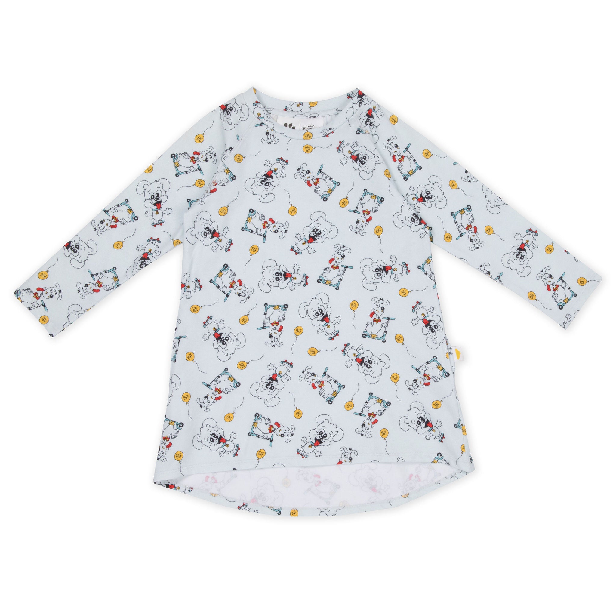 Girls long sleeve organic cotton dress with playful puppy print on soft blue fabric