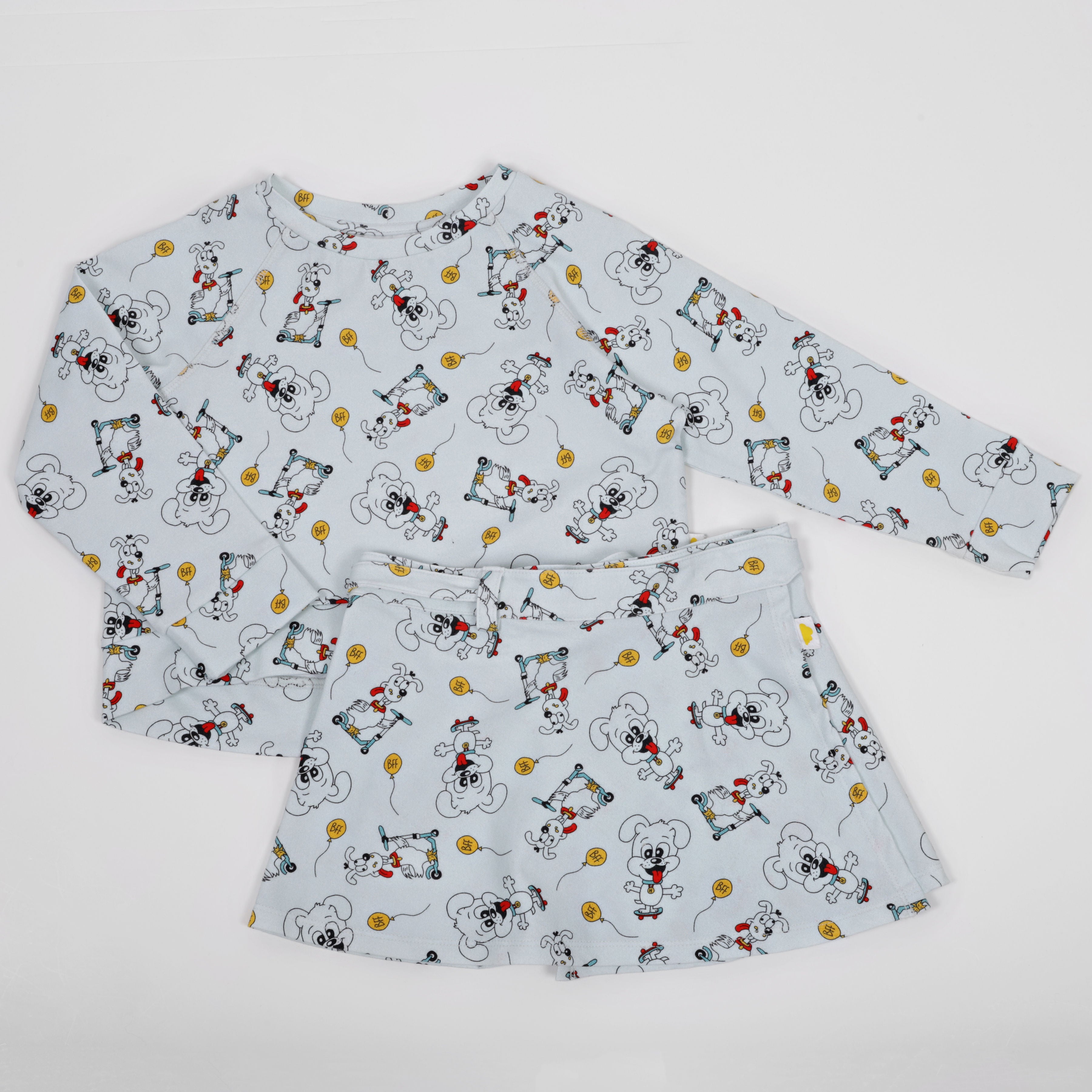 Girls organic cotton puppy print long sleeve top and matching wrap skirt set