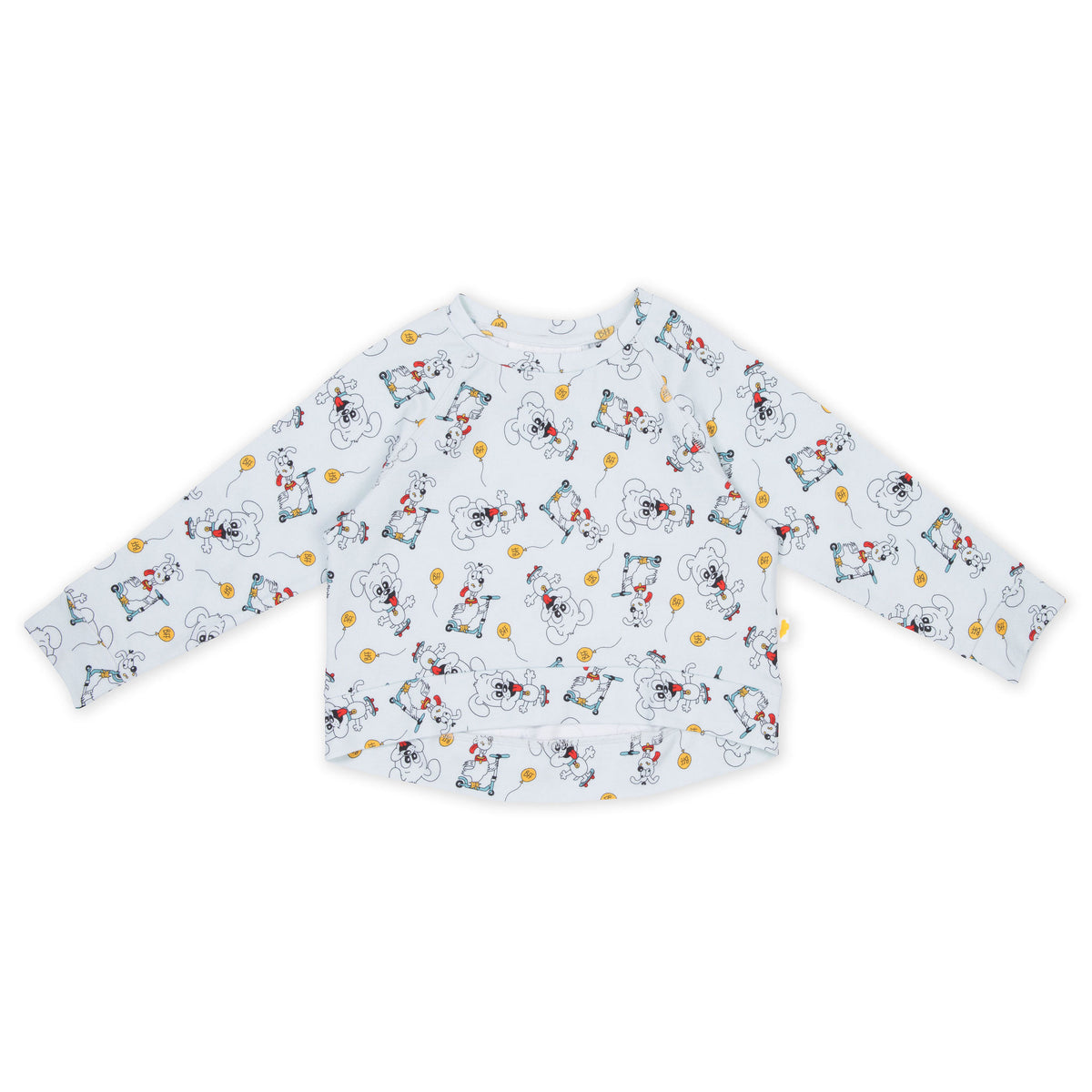 Kids organic cotton puppy print sweater in soft blue with playful illustrated puppy design