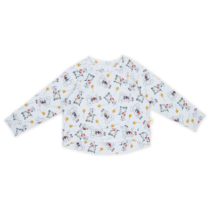 Kids organic cotton puppy print sweater in soft blue with playful illustrated puppy design