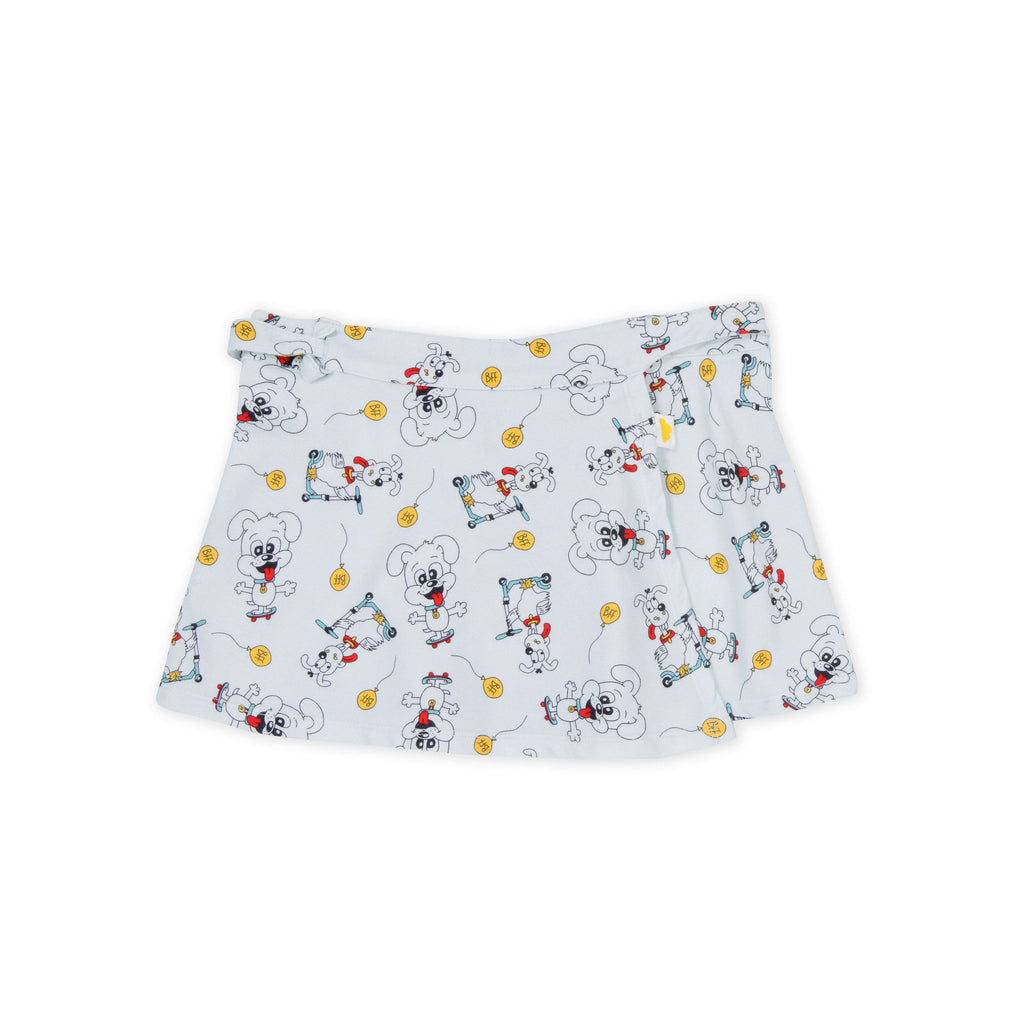 Organic cotton girls wrap skirt with playful puppy print