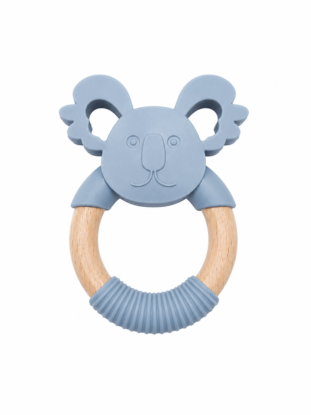 A koala-shaped baby teething ring with a light blue silicone head and natural wood ring, featuring a ribbed blue silicone chew section at the bottom, shown on a plain white background.