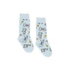 Light blue socks with cartoon character design on a white background