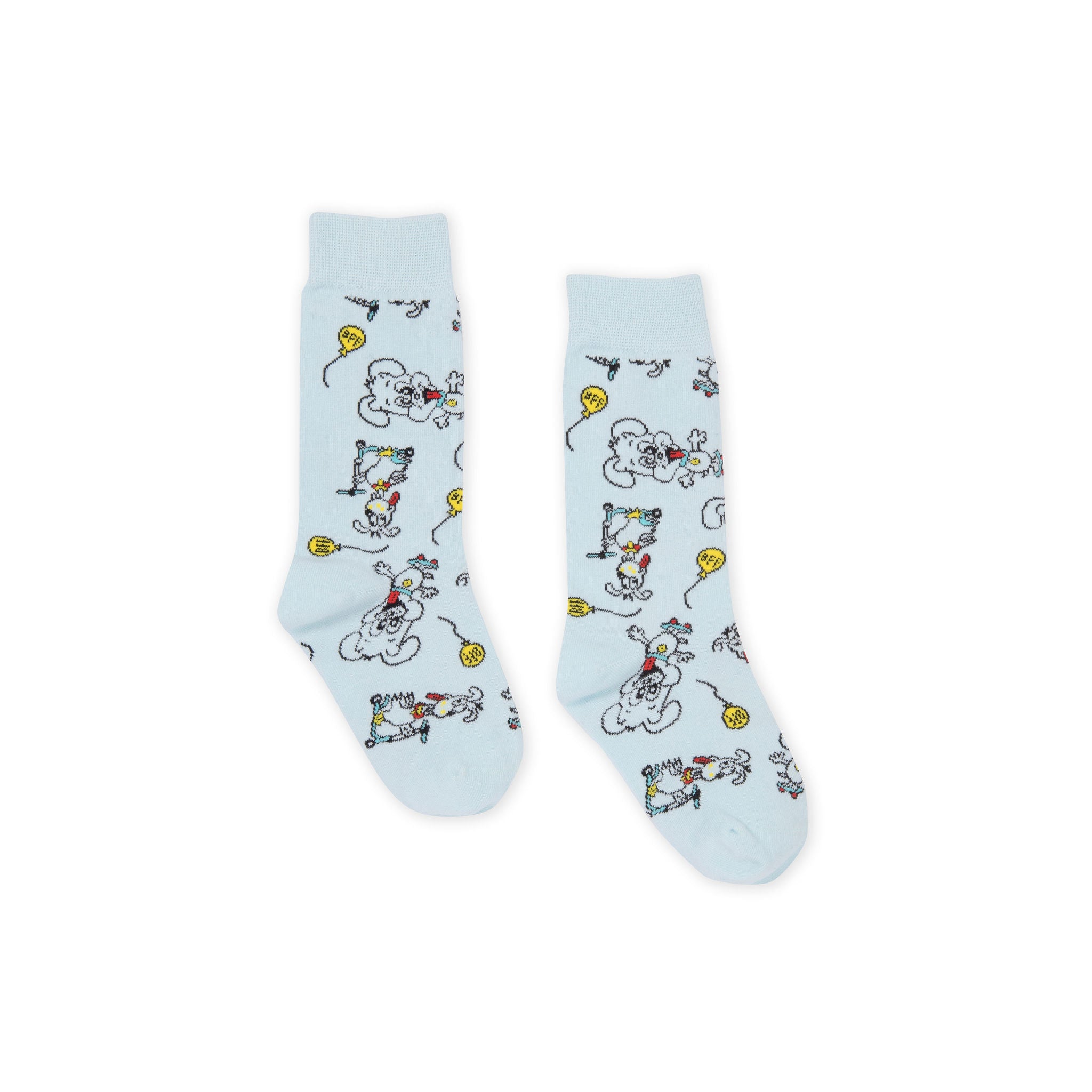 Light blue socks with cartoon character design on a white background