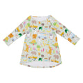 Summer Down Under organic cotton girls dress featuring kangaroos, kombis, camping scenes, native animals, beach treats and Australian summer illustrations on a soft sage green background.