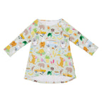 Summer Down Under organic cotton girls dress featuring kangaroos, kombis, camping scenes, native animals, beach treats and Australian summer illustrations on a soft sage green background.