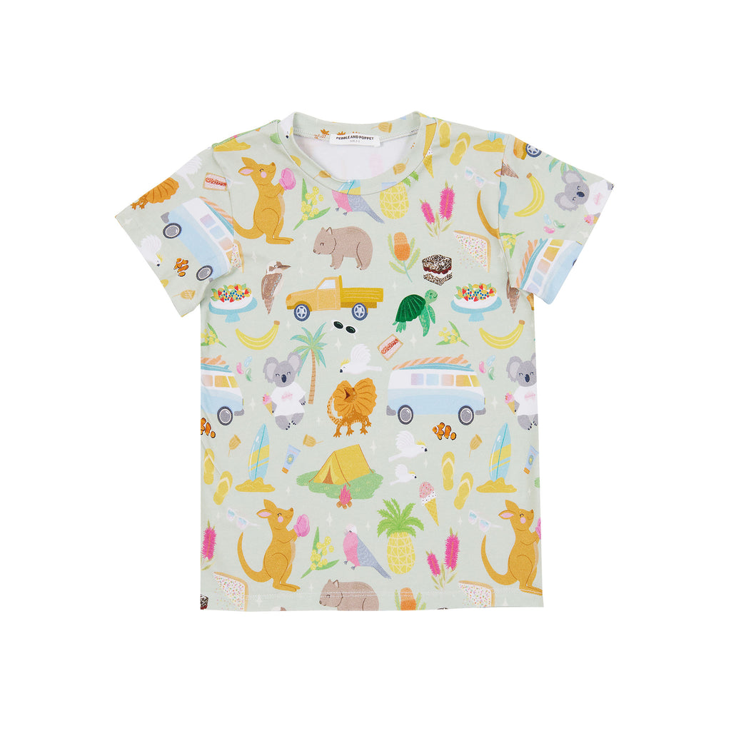 Summer Down Under organic cotton kids t-shirt with whimsical Australian summer illustrations including kombis, koalas, camping and native animals.