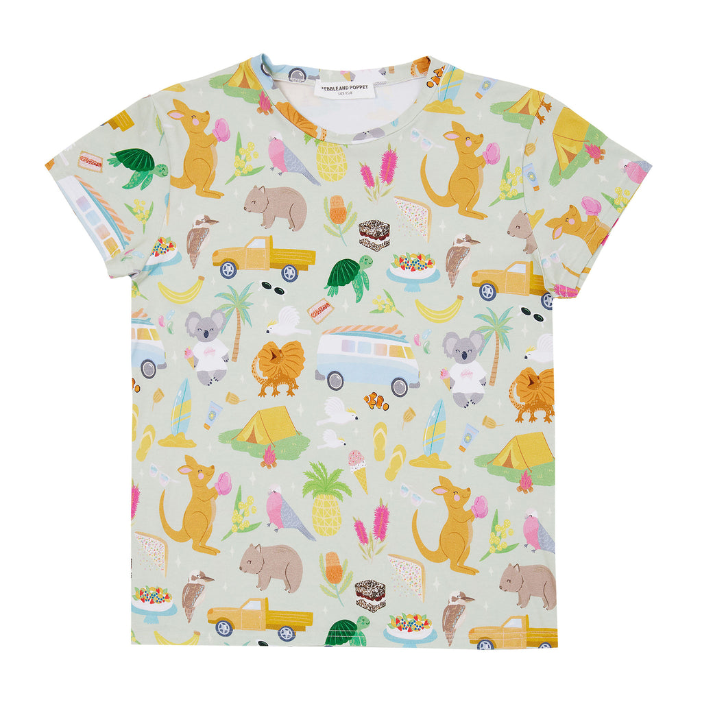 Summer Down Under women’s t-shirt with playful Australian summer illustrations including kombis, camping, native animals and nostalgic road trip details.