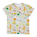 Summer Down Under women’s t-shirt with playful Australian summer illustrations including kombis, camping, native animals and nostalgic road trip details.