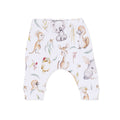 Children's shorts with a white background featuring a pattern of various animal illustrations, including kangaroos and koalas, in a whimsical design.