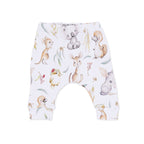 Children's shorts with a white background featuring a pattern of various animal illustrations, including kangaroos and koalas, in a whimsical design.
