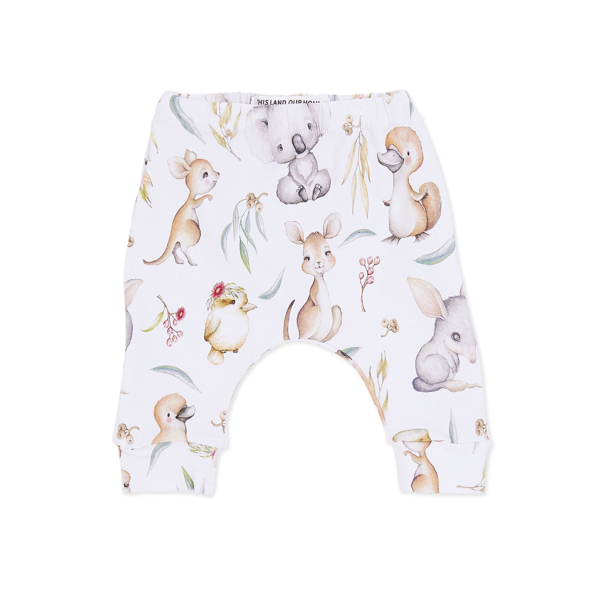 Children's shorts with a white background featuring a pattern of various animal illustrations, including kangaroos and koalas, in a whimsical design.