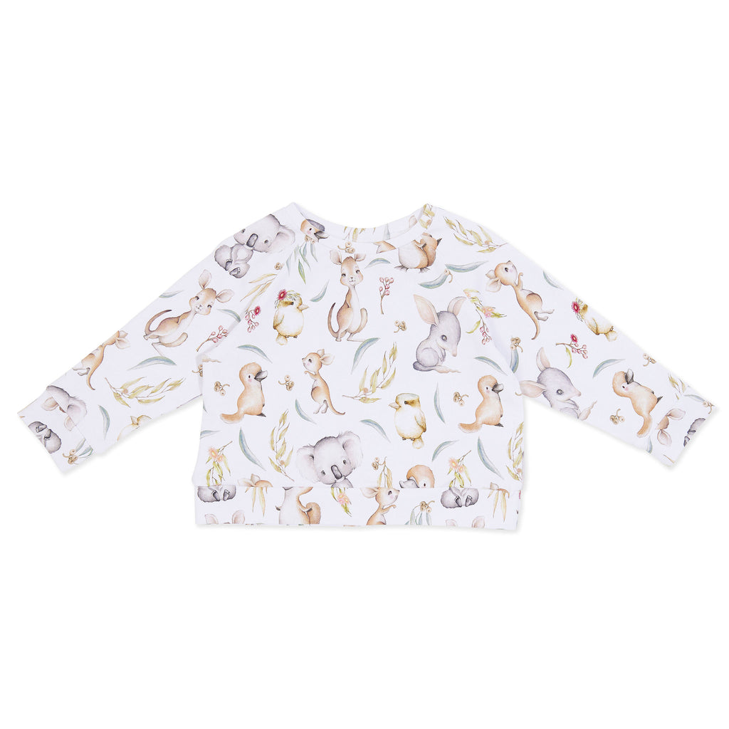 Children's sweater with a pattern of Australian animals illustrated by Monique Cannon.