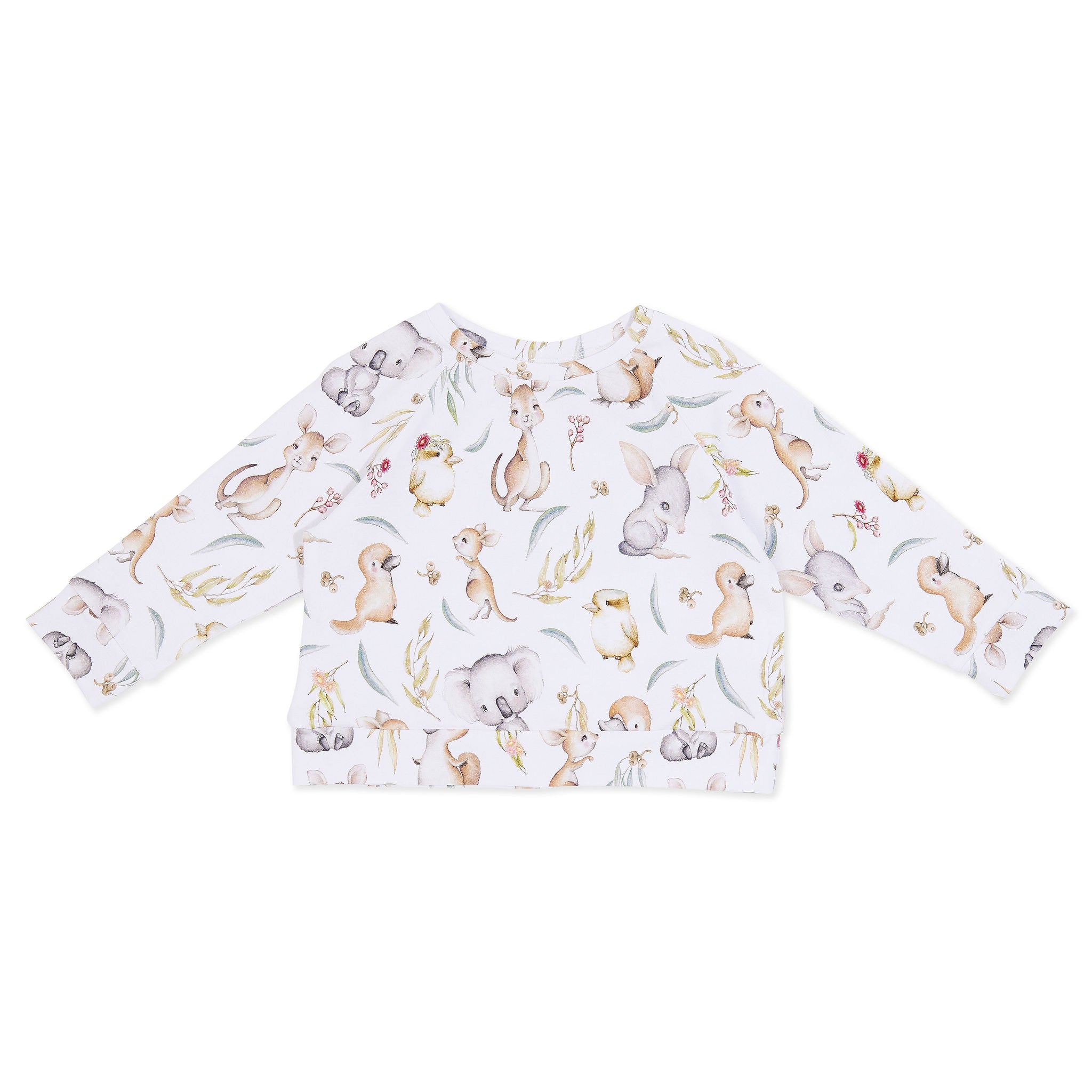 Children's sweater with a pattern of Australian animals illustrated by Monique Cannon.